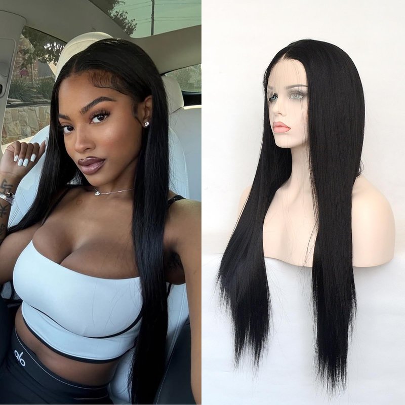 Jozlynn Black Synthetic Lace Front Wig Long Straight Preplucked Hairline Heat Resistant Glueless Wigs Free Parting for Women (Black, 22 inch)