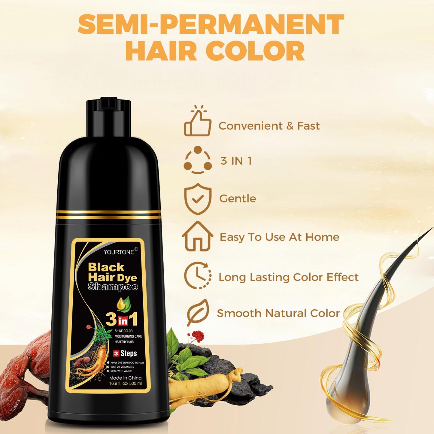 YOURTONE Black Hair Dye Shampoo 3 in 1 for Gray Hair Coverage, Hair Color Shampoo for Women Men, Herbal Ingredients Champu Para Pintar el Cabello (16.9 Oz)