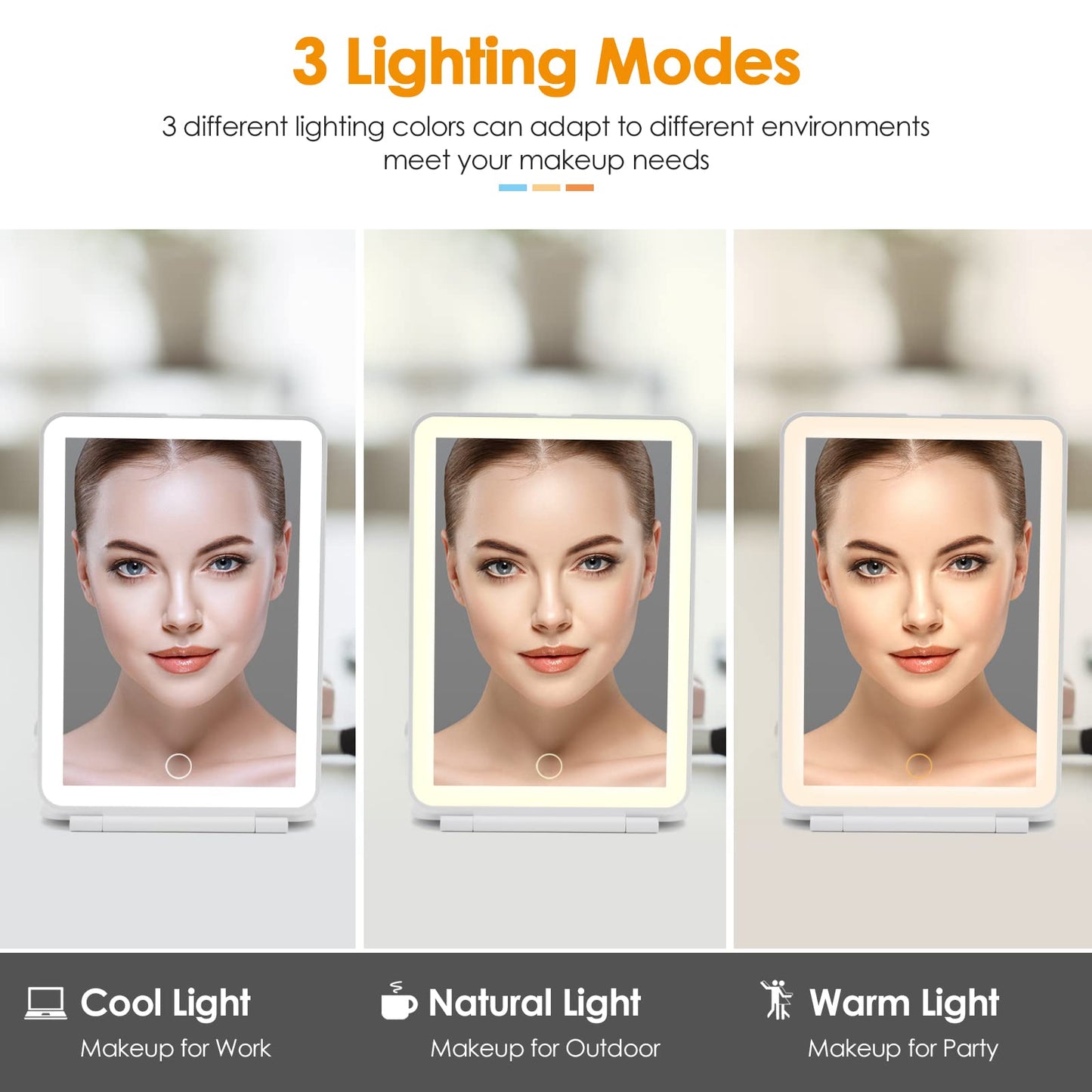 DenCert Rechargeable Travel Makeup Mirror 72 LED Lighted Compact Slim Vanity with Lights 3 Lighting Modes Dimmable Touch Screen (White),(DenCert)