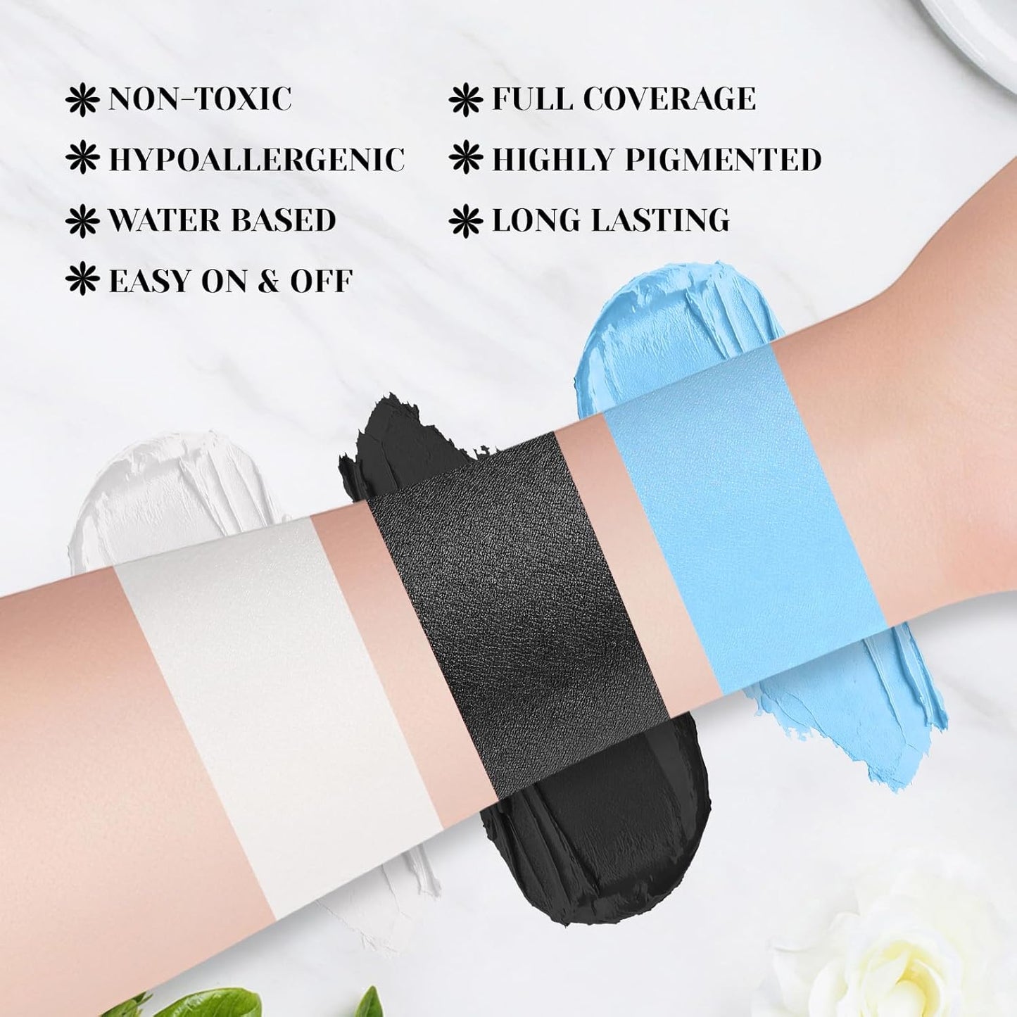 Face Body Paint Stick Set - Black, White & Light Blue | Full Coverage Halloween Makeup with Translucent Powder & Sponges