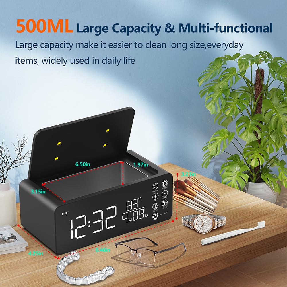 500ML Capacity 48kHz, Updated Version Ultrasonic Retainer Cleaner, Multi-Functional Cleaner Machine For Dentures, Mouth Guards, Braces, Toothbrush, Jewelry, Glasses with Alam Clock Function (black)