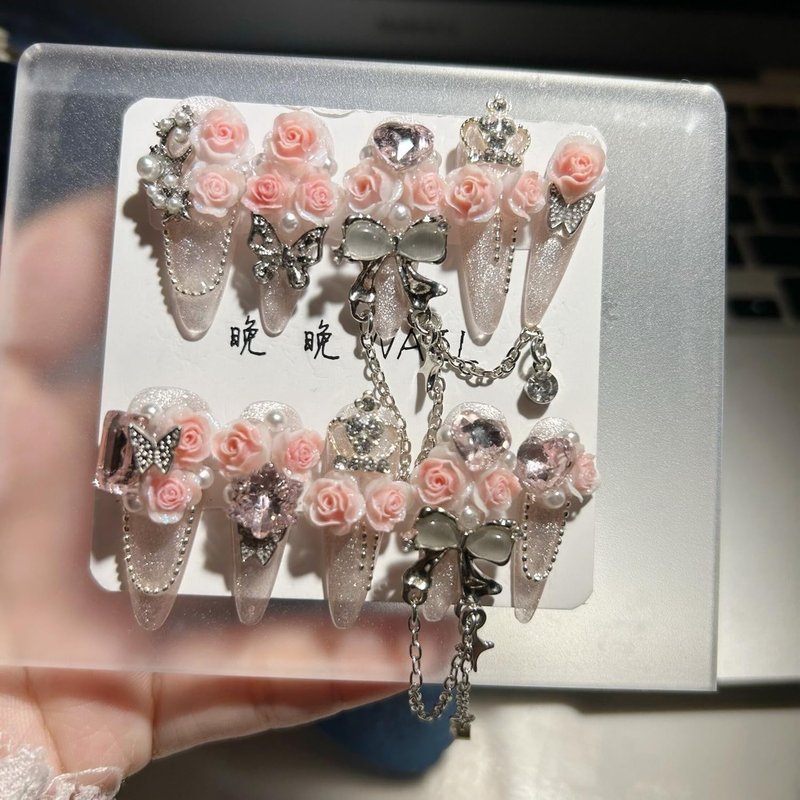 Luxury Press on Nails Long Almond Handmade 3D Unique Reusable ABS Material Fake Nails Pink Gothic False with Designs Glitter Bow Rhinestones Charms Glossy Glue on Nails Thick Acrylic Nails(M)