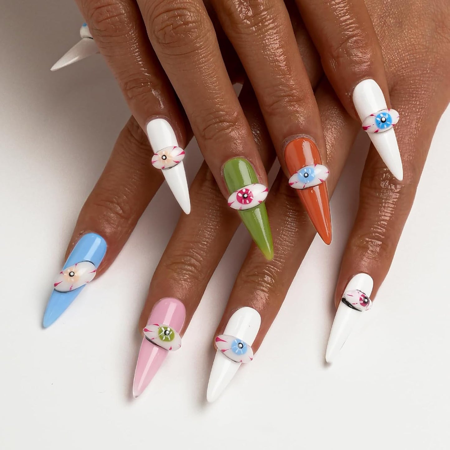 Colorful Handmade Devil Eyes Press-On Nails - Long Stiletto 3D False Nails for Women | 10 Pcs Set with Glue (White-S)