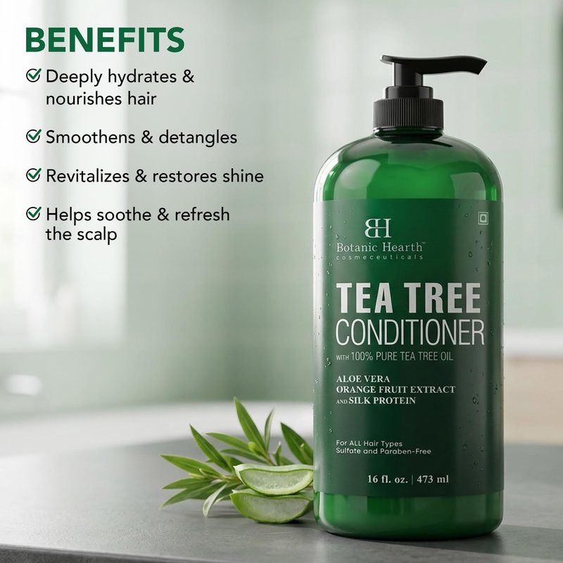 Botanic Hearth Tea Tree Conditioner | For All Hair Types | Fights Dandruff & Dry Scalp | With Vitamin C, Peppermint Oil, Rosemary & Lavender Oil | Sulphate & Paraben Free | 16 Fl Oz