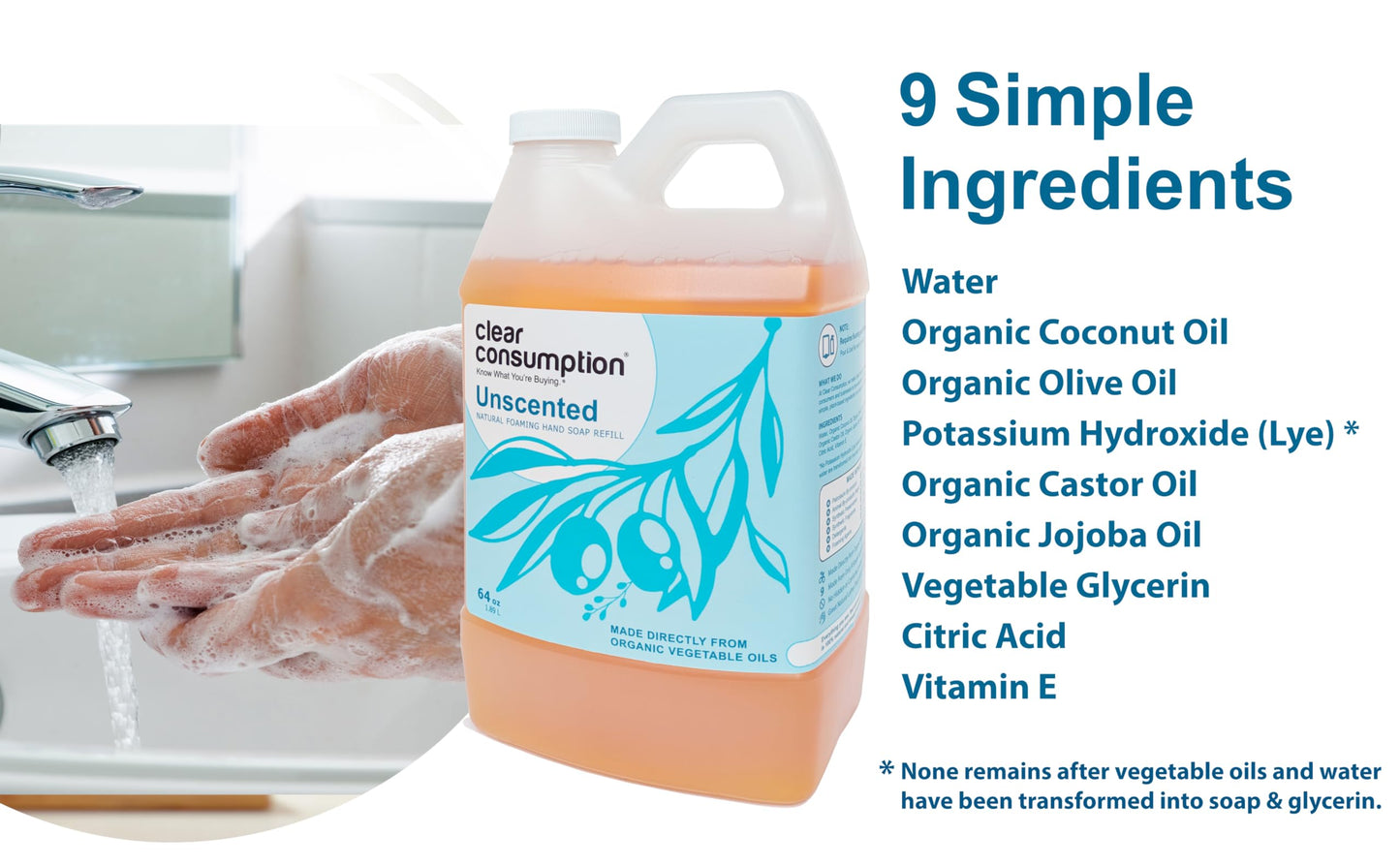 Clear Consumption All Natural Lavender Plant-Based Foaming Hand Soap Refill - Made Directly from Organic Vegetable Oils, 64 oz