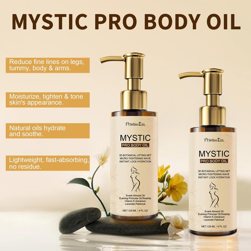 PristineEra Mystic Silk Body Firming Oil, Hydrating Body Oil for Women, Plumps Tightens & Firms Skin, Natural Cold‑Pressed Oil Blend for Dry & Crepey Skin, Luxury After Shower Skin Care, 4.23 fl oz
