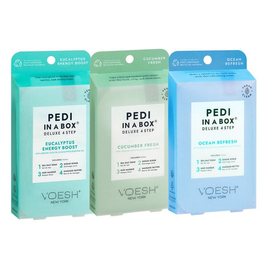 VOESH Pedi in a Box 4 Step Fresh Trio - 3 Pack of Ocean Refresh, Eucalyptus Energy Boost, & Cucumber Fresh Pedicure Set, DIY Pedi, Foot Spa