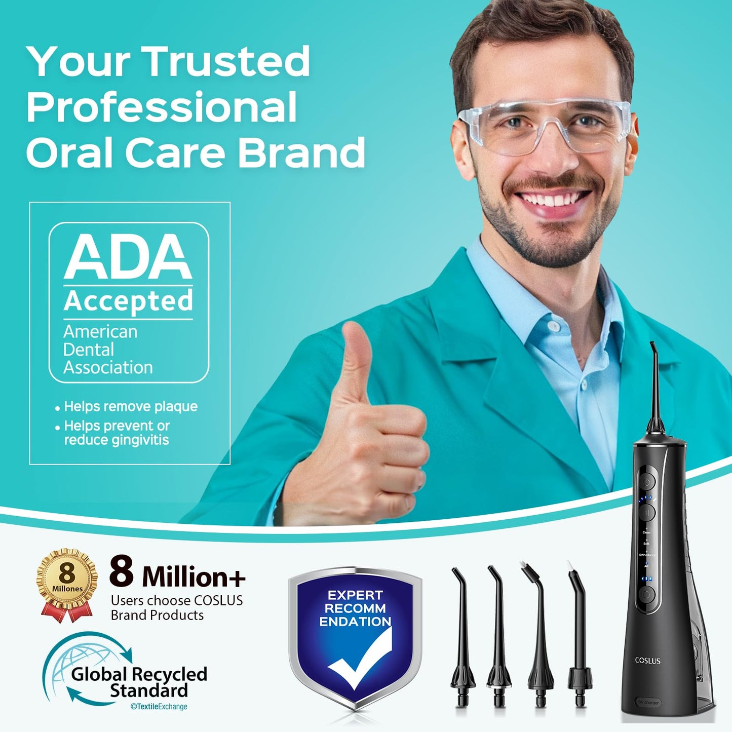 COSLUS C50 Portable Water Flosser for Teeth: 4 Modes & 5 Intensity Levels Professional Electric Dental Pick for Sensitive Gums, Braces & Orthodontic - Cordless for Travel Use, BPA-Free, ADA Accepted