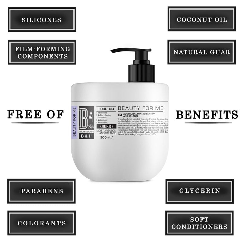 Moisturization and Balance Hair Mask by B4Me Professional – Sulfate-Free Hydrating Treatment, 500ml / 16.9 fl oz