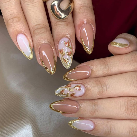 French Tip Almond Press-On Nails with Gold Bow | Reusable Glossy Acrylic False Nails for Women