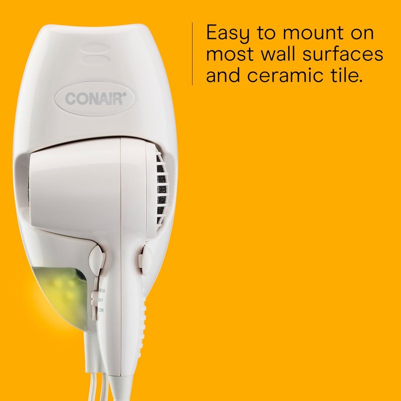 Conair Wall-Mount Hair Dryer - 1600W with LED Nightlight | 2 Heat & 2 Speed Settings, White