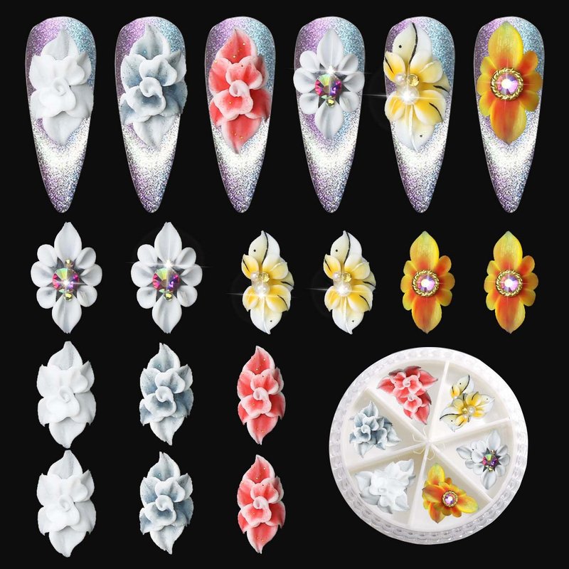 WOKOTO 12 Pcs 3D Flower Nail Charms - Embossed Acrylic Nail Art Gems | Simulation Floral Design