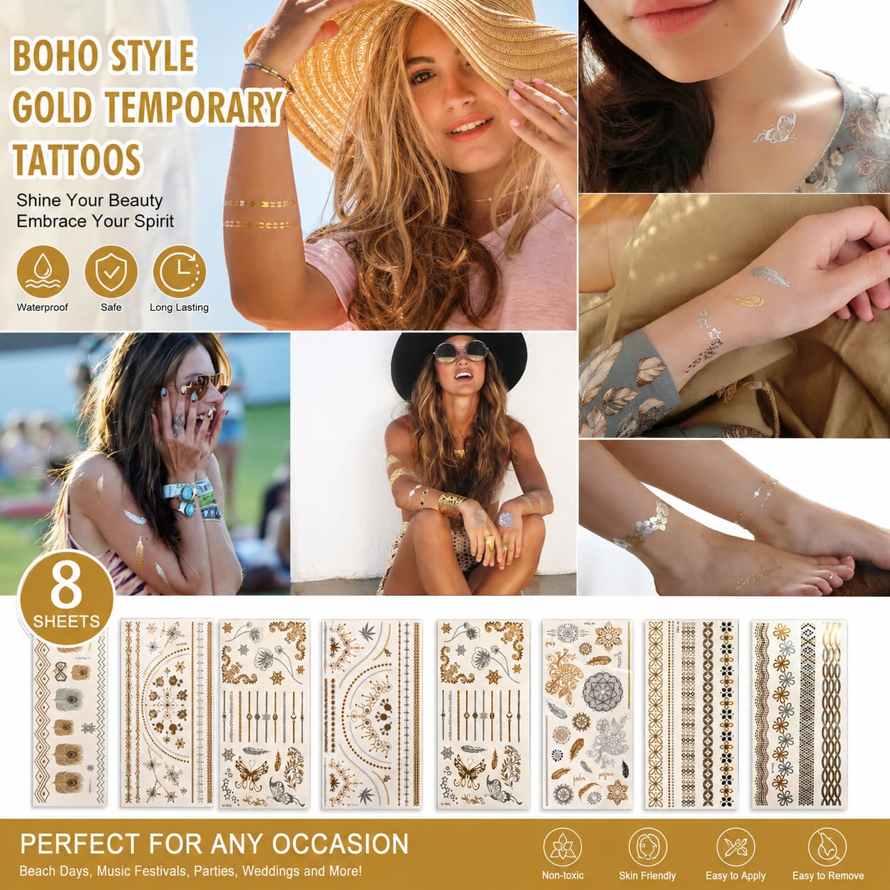 Muulaii 8 Sheets Gold Tattoos Temporary, Long Lasting Metallic Tattoos