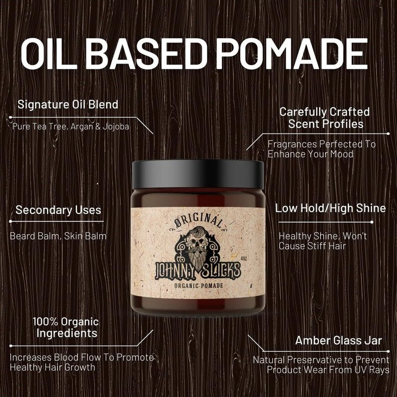 Johnny Slicks Oil Based Pomade | Organic Hair Styling for Men, Low to Medium Hold | Promotes Healthy Hair Growth & Helps Hydrate Dry Skin, (Rugged, 4 Ounce) Veteran Owned, USA Made.