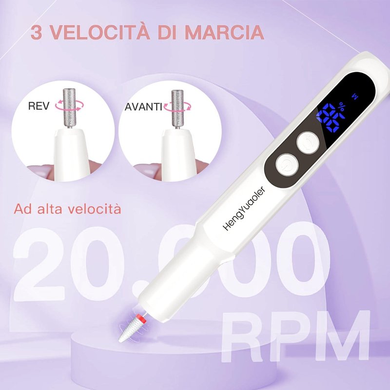 HengYuaoler Electric Nail Drill Professional Manicure Pedicure Kit Acrylic Nail Drill Machine for Gel Cordless Nail File Machine Toe Nail Tools 3 Speeds Thick Toenail Grinder(White