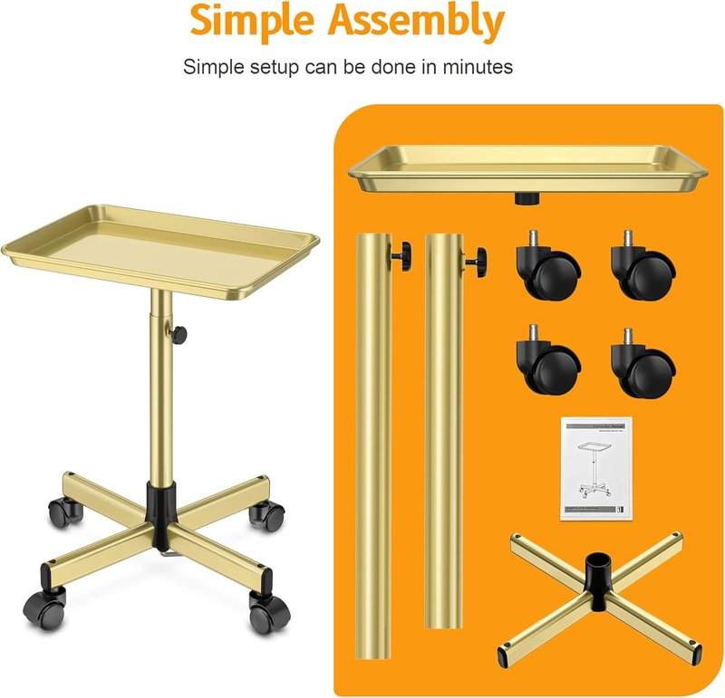 Premium Aluminum Tattoo Tray on Wheels - Adjustable Rolling Hairdresser Cart | Bronze Color