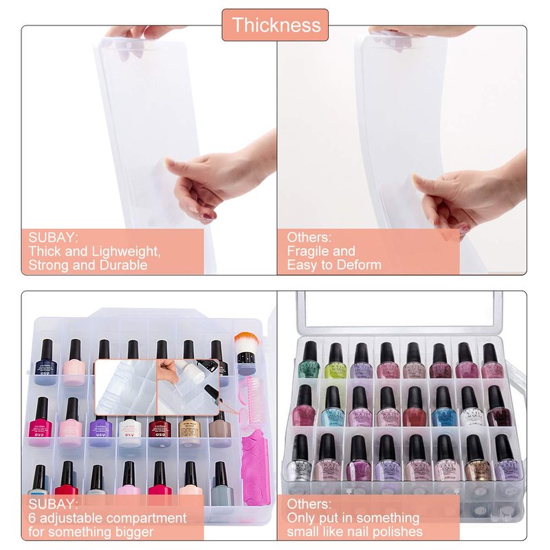 SUBAY Portable Nail Polish Organizer, Clear Double Side Nail Polish Holder,Gel Nail Storage for 48 Bottles with 6 Adjustable Dividers in Each Side Space Saver
