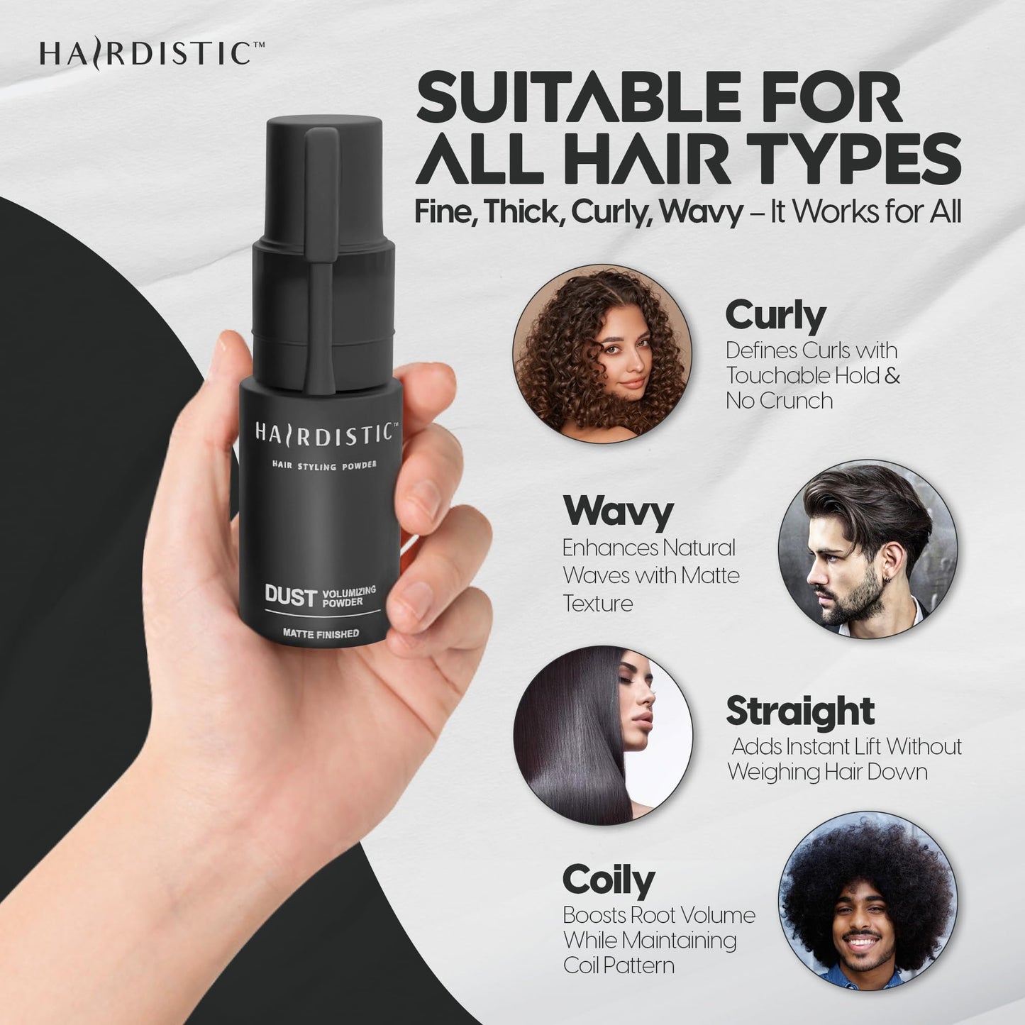 HAIRDISTIC Hair Volumizing Powder for Root Lift - Texturizing Styling Powder, Paraben & Sulfate Free, Matte Finish, Men & Women, All Hair Types, 4.5g