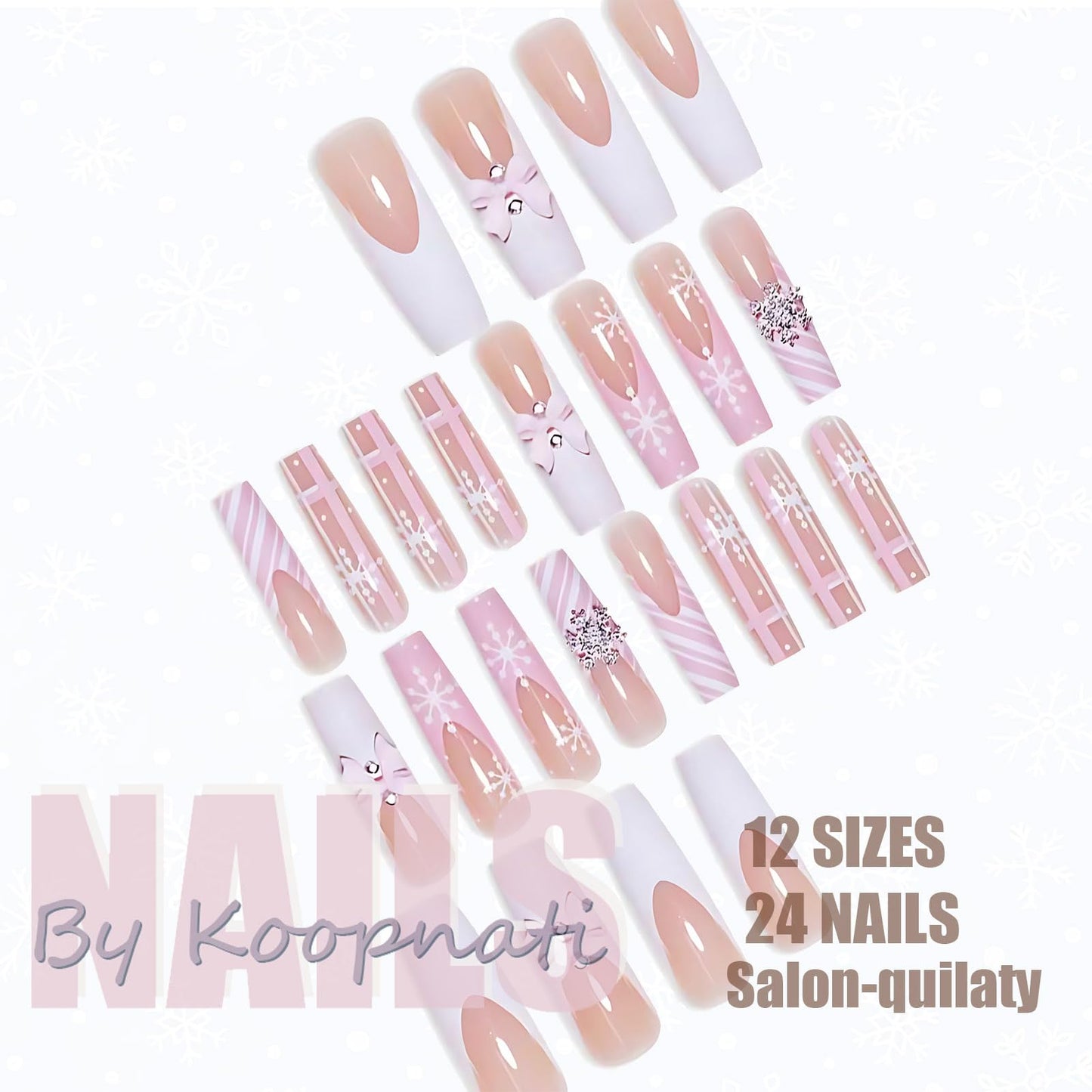 Christmas Press On Nails Medium Square Pink French Tip Fake Nails with Glue Winter Snowflake Bow Glitter Design,Christmas Nails Long False for Women Holiday Xmas Gifts