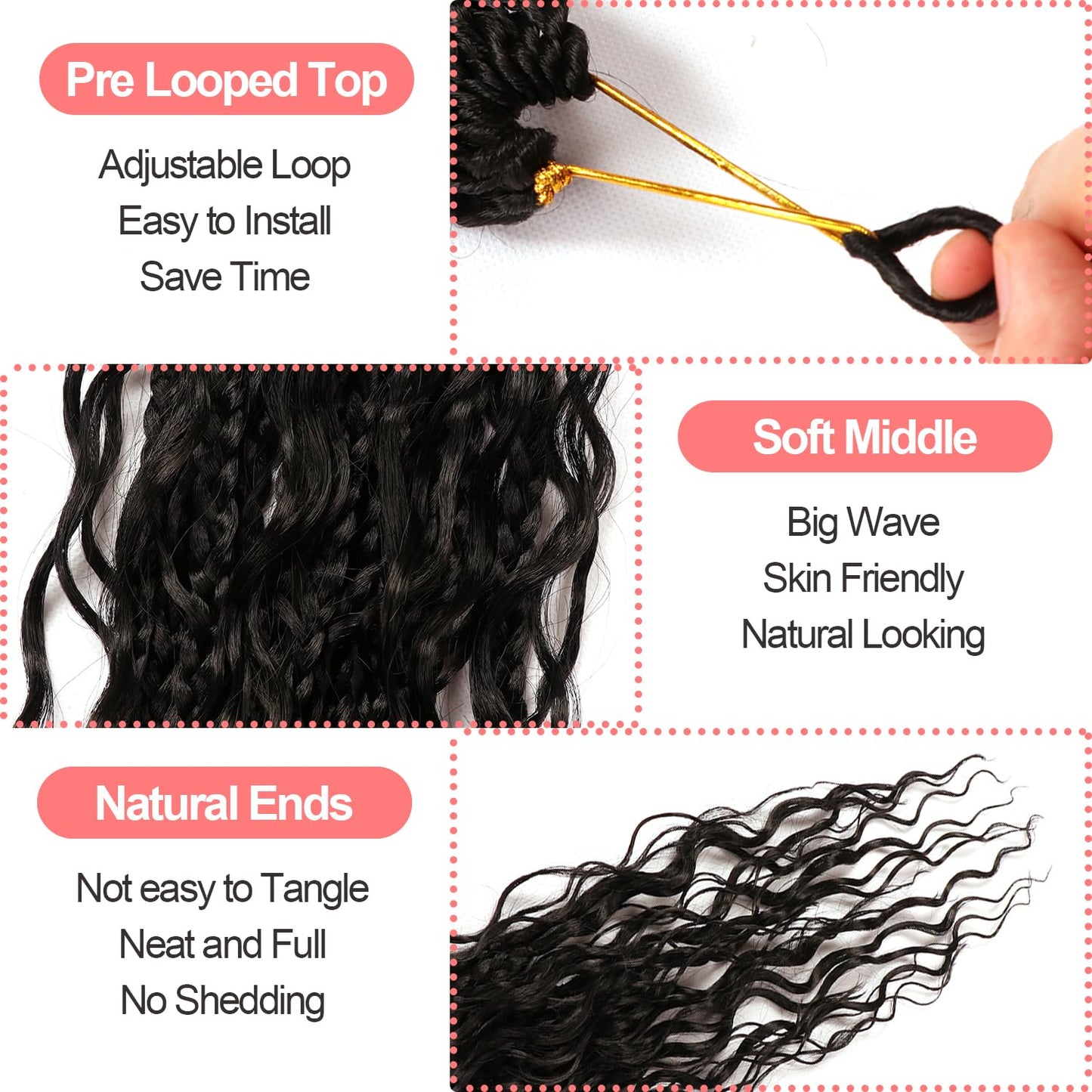 Box Braids Crochet Hair - 30 Inch Water Wave Boho Braids for Black Women | 9 Packs, 1B Color