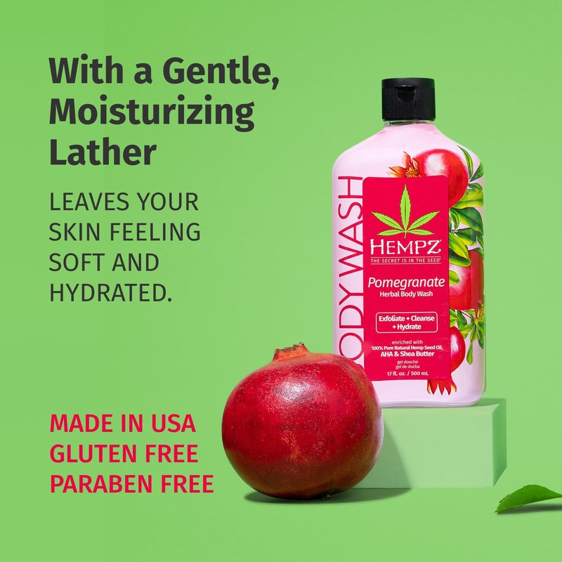 Hempz Body Wash - Pomegranate - Hydrating for Sensitive Skin, Scented, Exfoliating with Shea Butter, Pure Hemp Seed Oil, and Algae for Sensitive Skin - 17 fl oz