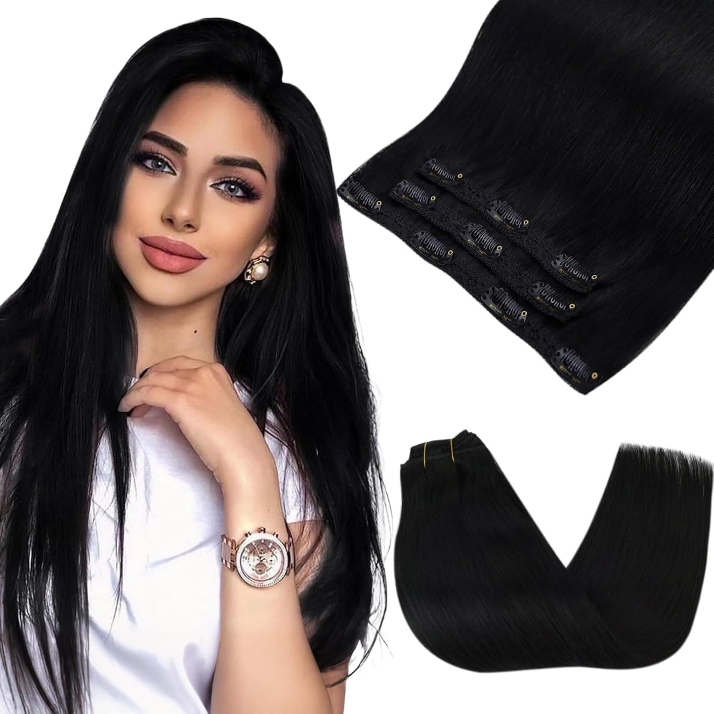 Real Human Hair Clip-In Extensions - 14 Inch Remy Hair, Jet Black | Lightweight 85g for Women