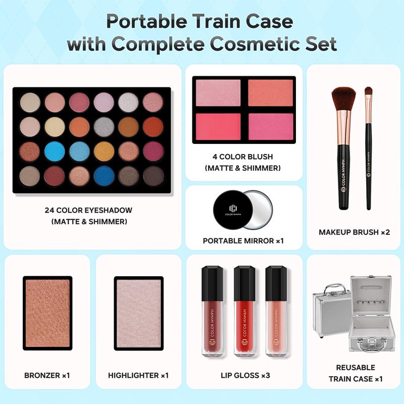 Color Nymph Beginner Makeup Kit For Teens With The Small Cosmetic Train Case Included 24-Colors Eyeshadow Palette Blushes Bronzer Highlighter Lipstick Brushes Mirror(Silver)