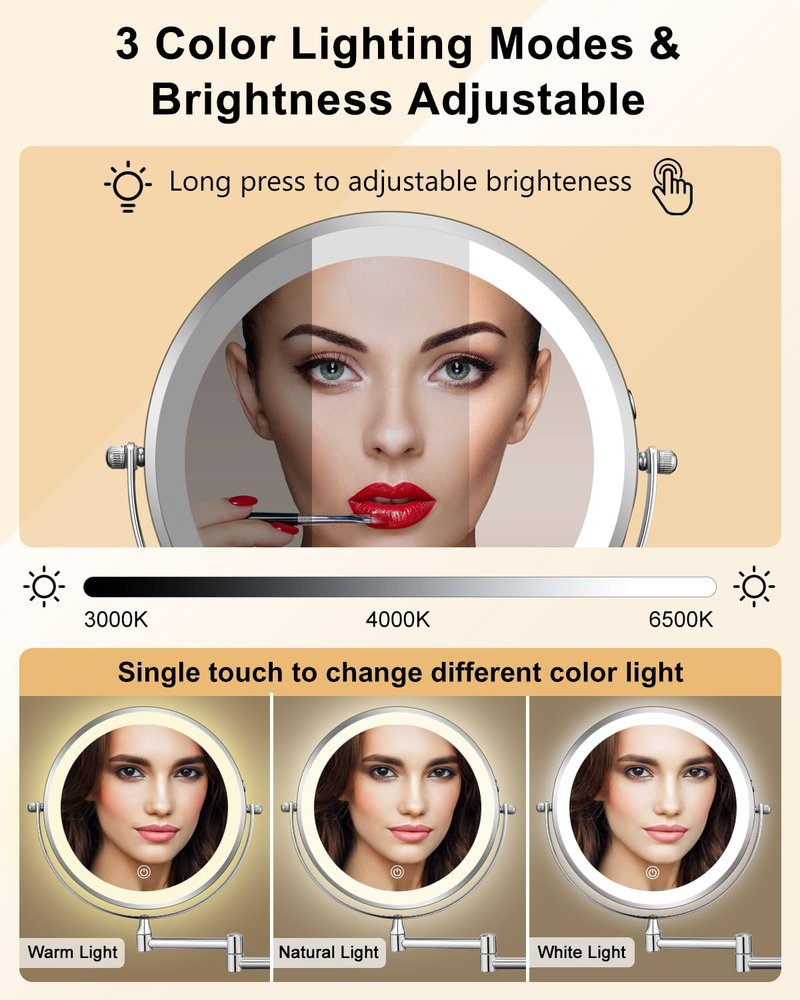 DECLUTTR Wall Mounted Makeup Mirror with Lights, Rechargeable 8 Inch Double Sided Magnifying Mirror 1X/10X, Dimmable Vanity Mirror with 3 Lighting Modes