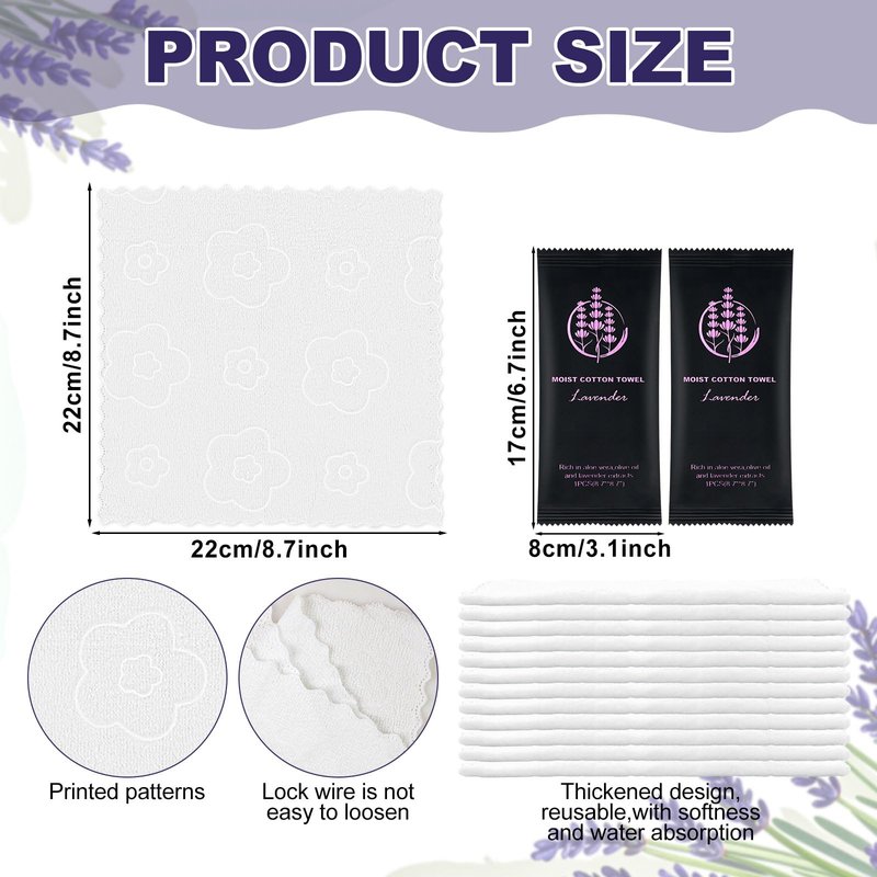 Moist Cotton Towel Bulk Moist Towelettes Individually Wrapped,White Towel Services,Refreshment Pre Moistened Towels for Dentist Travel Sport Party Hotel （Lavender,100)