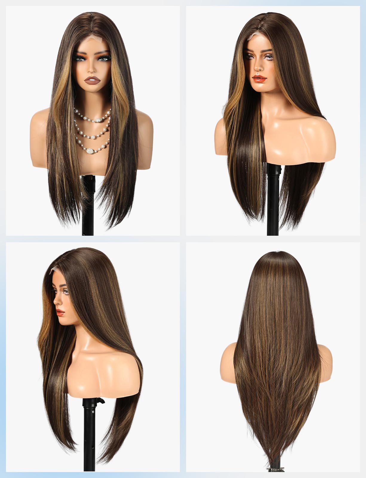 HAIRCUBE Long Straight Wig for Women, Heat Resistant Synthetic Hair with Bangs, Natural Looking Pre-Cut Lace Front Wig, Soft & Lightweight for Daily Use, Cosplay, Parties (Mixed Brown)