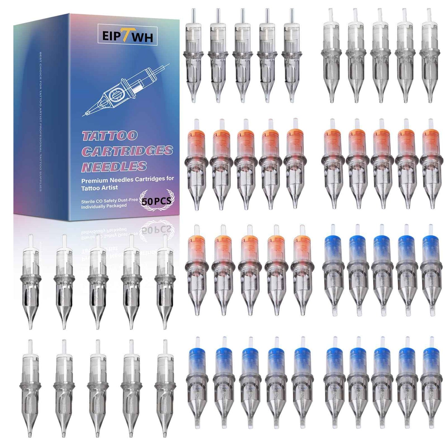 EIPTWH 50PCS Assorted Tattoo Cartridges Needles,#12RL RS M1 Round Shader Mixed Size Tattoo Gun Cartridges Needles-5x(1RL 3RL 5RL 7RL 3RS 5RS 7RS 5M1 7M1 9M1) Disposable Tattoo Needles with Membrane