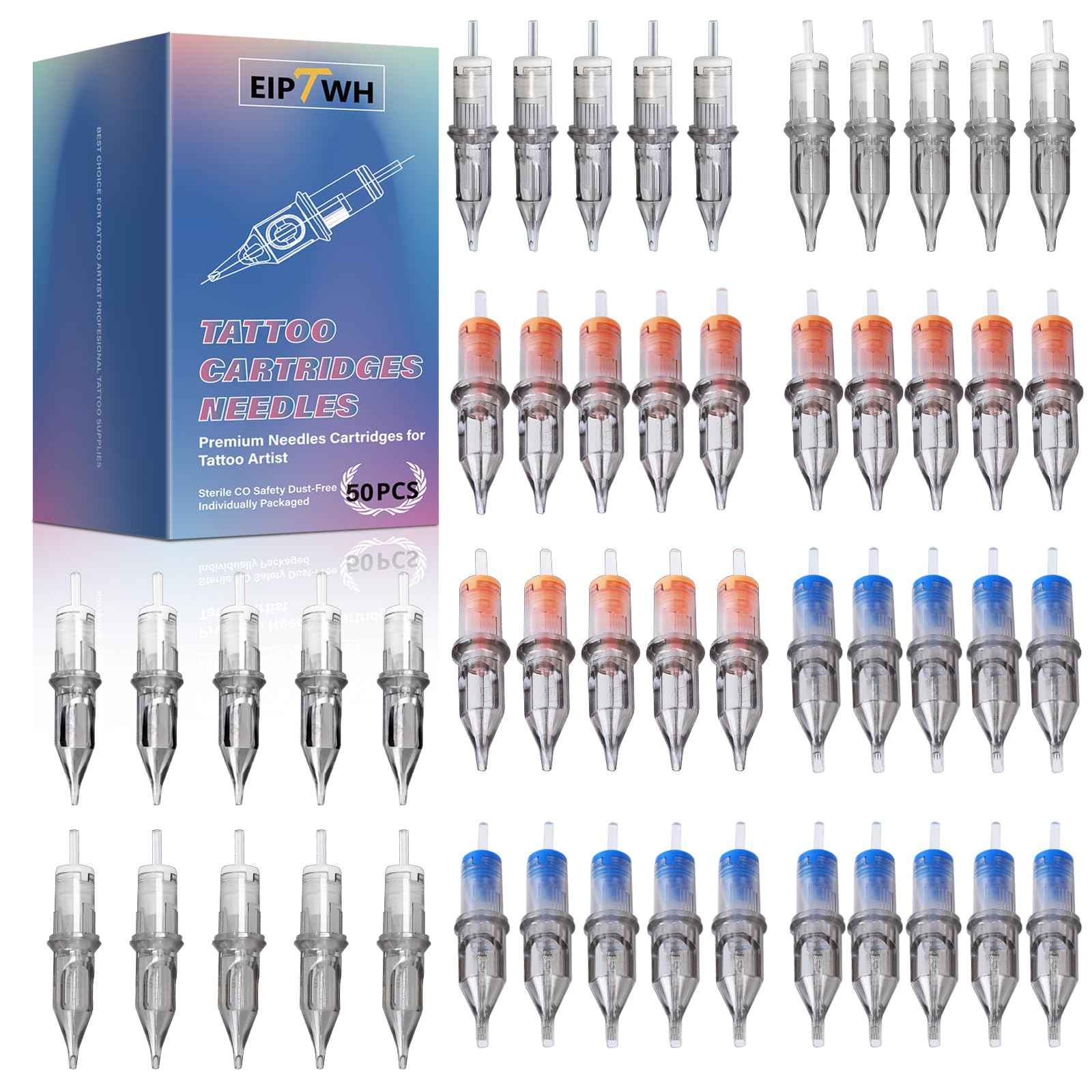 EIPTWH 50PCS Assorted Tattoo Cartridges Needles,#12RL RS M1 Round Shader Mixed Size Tattoo Gun Cartridges Needles-5x(1RL 3RL 5RL 7RL 3RS 5RS 7RS 5M1 7M1 9M1) Disposable Tattoo Needles with Membrane