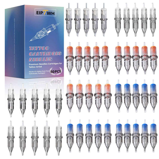 EIPTWH 50PCS Assorted Tattoo Cartridges Needles,#12RL RS M1 Round Shader Mixed Size Tattoo Gun Cartridges Needles-5x(1RL 3RL 5RL 7RL 3RS 5RS 7RS 5M1 7M1 9M1) Disposable Tattoo Needles with Membrane