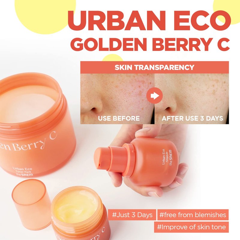 THESAEM Urban Eco Golden Berry C Ampoule - Face Vitamin Serum Peru Golden Berry Extract - Even Tone Complexion Blemish Care Hydrating - Vegan Korean Skincare for Dull Skin, 1.01 fl.oz.