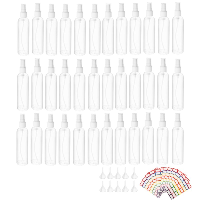 KEJJNYER 36 Pack 4oz Plastic Spray Bottles Bulk, Mini Clear Spray Bottles Fine Mist, 120ml Empty Spray Bottle for Travel Perfume Essential Oils Makeup Bottles (10 Funnel, 10 Labels)