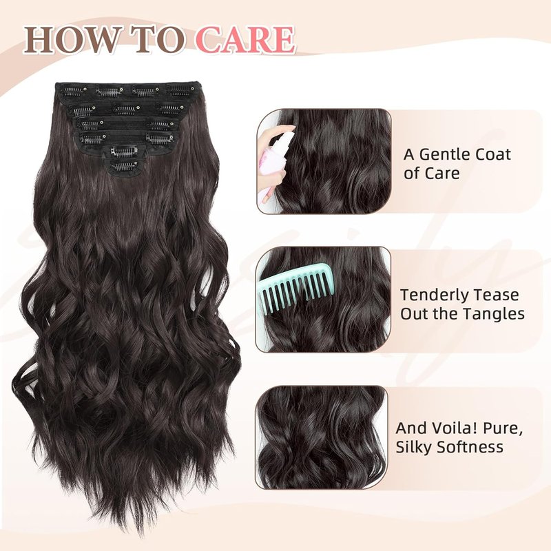 Clip-In Hair Extensions - 6 PCS Natural Soft Dark Brown Wavy Hairpieces | 20 Inch Length