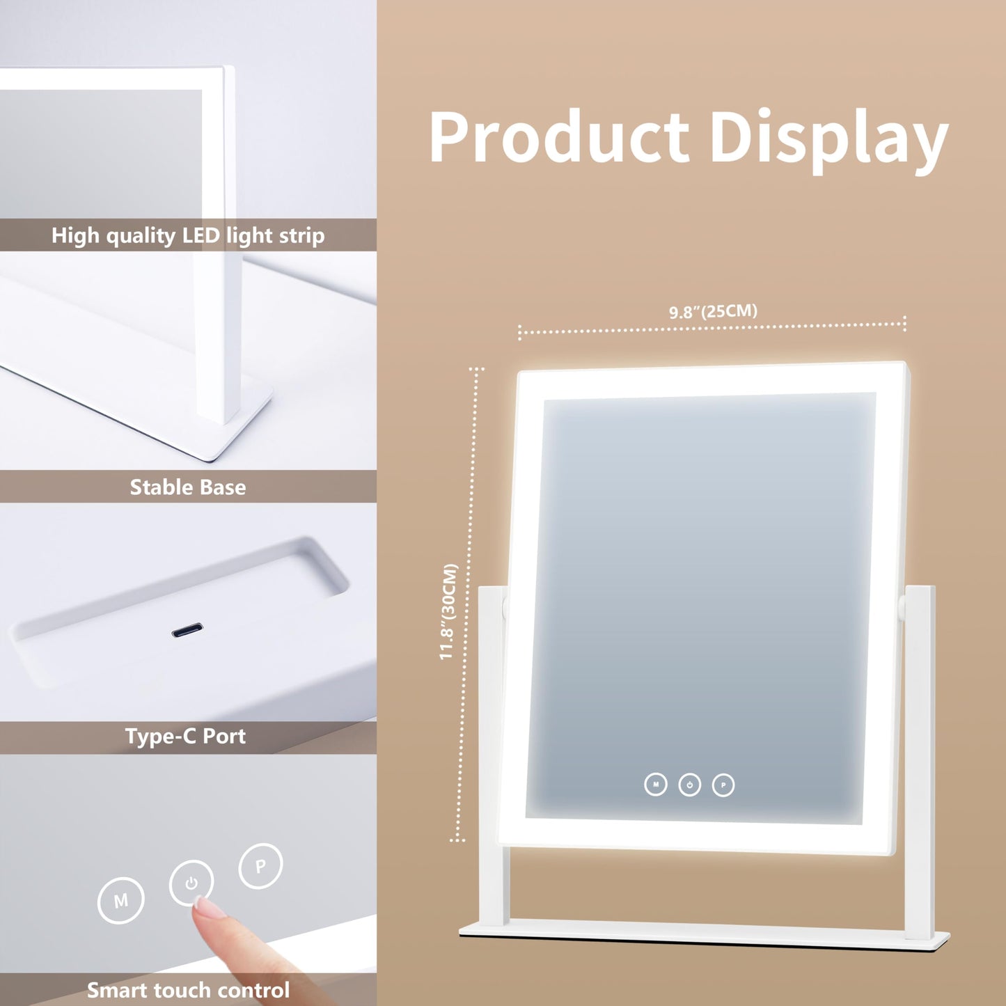 Acoolda Vanity Mirror with Lights, Makeup Mirror with Lights Three Color Lighting Modes, Dimmable Touch Screen, Detachable 10X Magnifying Mirror, 360°Free Rotation,White