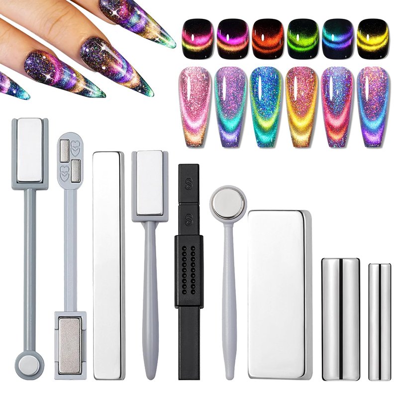 JERCLITY 9 Pieces Cat Eye Magnet for Nails Double-Head Multi-Function Magnet Square Thickened Cat Eye Magnet Plate Strong Cylindrical Nail Magnet for Cat Eye Gel Polish Nail Art