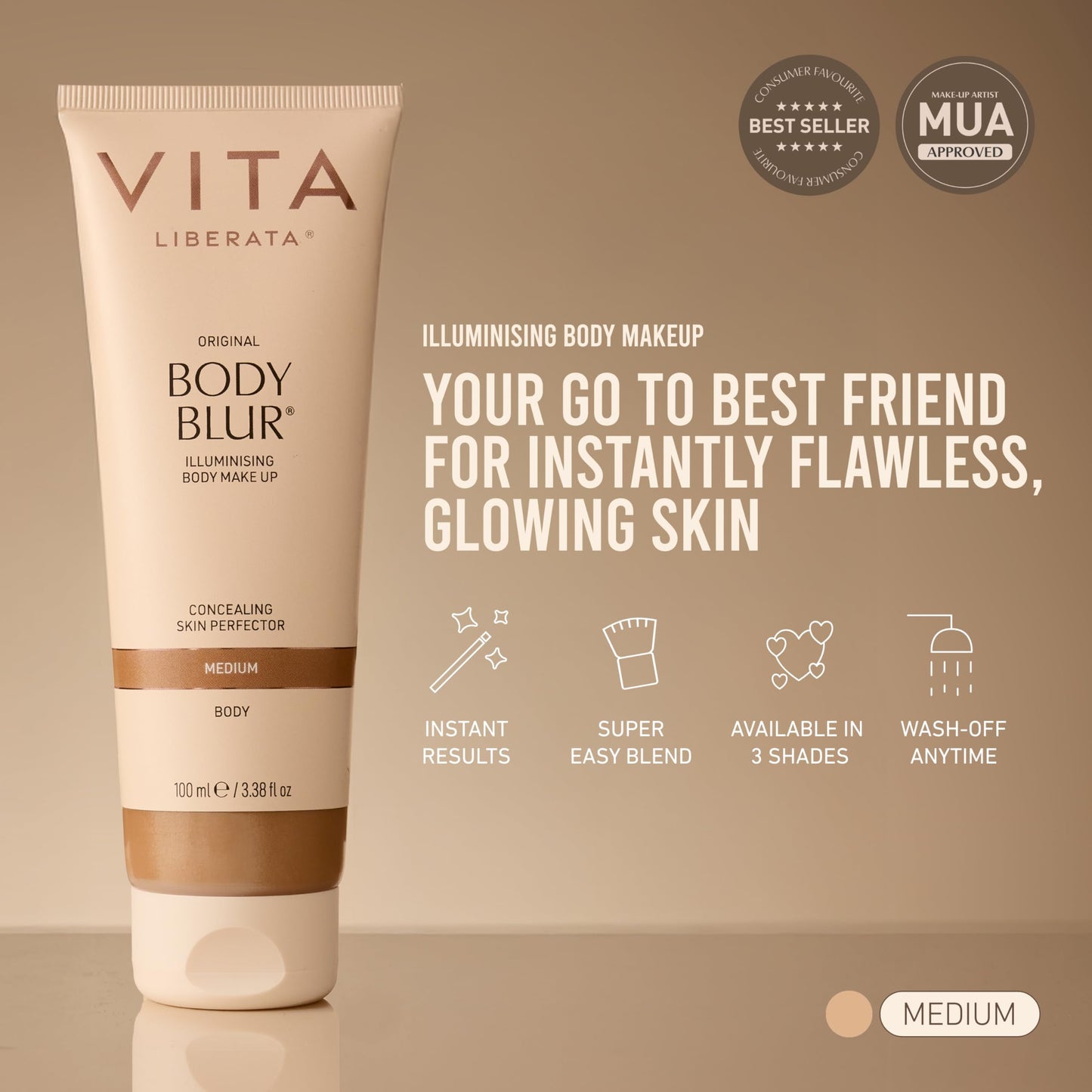 Vita Liberata Body Blur, Leg and Body Makeup. Skin Perfecting Foundation for Flawless Bronze, Easy Application, Radiant Glow, Evens Skin Tone, New Packaging