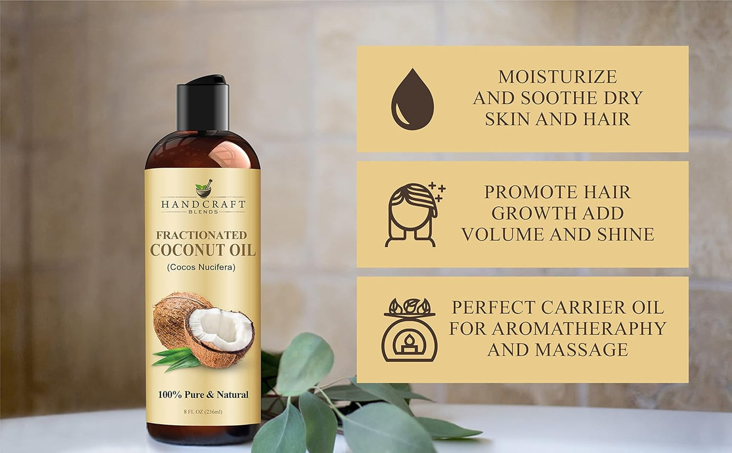 Handcraft Blends Fractionated Coconut Oil - 8 Fl Oz - 100% Pure and Natural - Premium Grade Carrier Oil for Skin and Hair - Hair and Body - Massage