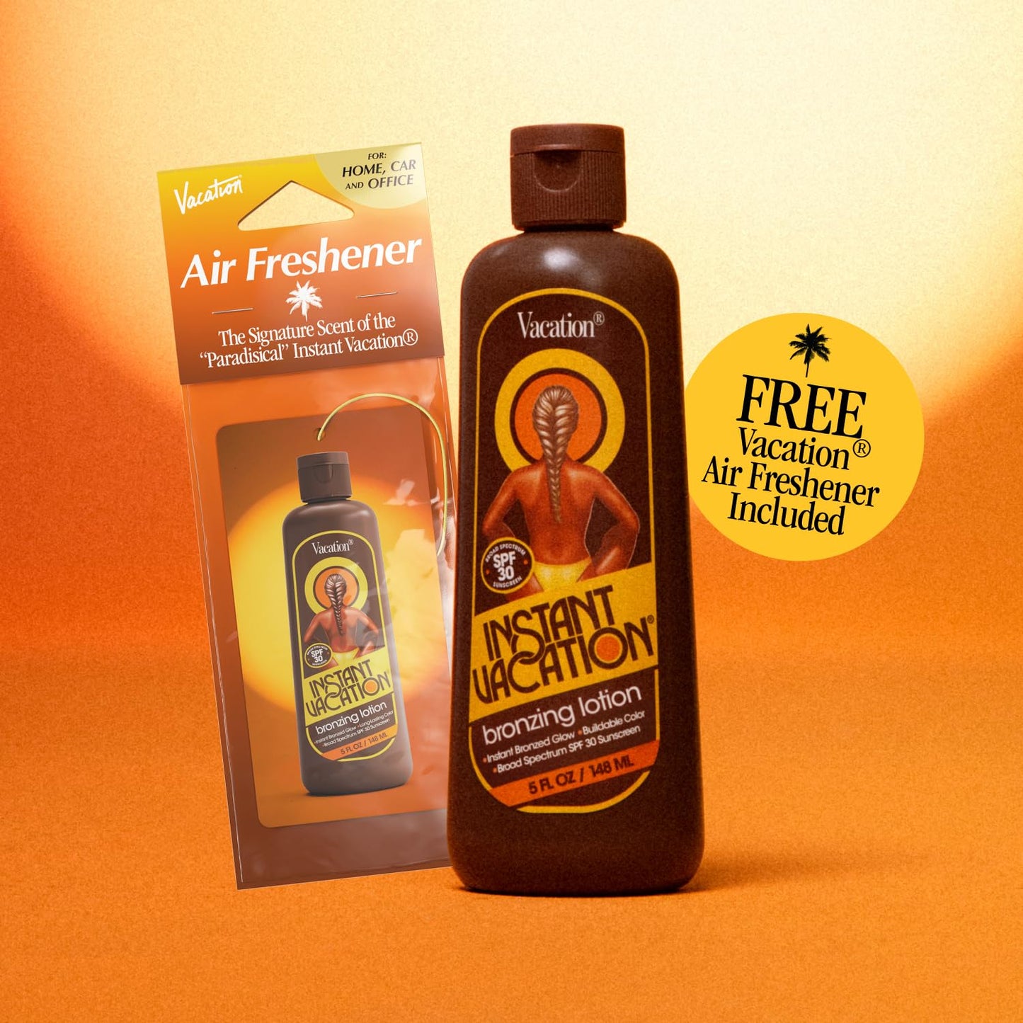 Instant Vacation SPF 30 Bronzing Lotion and Air Freshener Bundle, 5 Fluid Ounces - Bronzing Sunscreen, Buildable Color, Lightweight, Broad Spectrum, Evens Skin Tone, Vegan