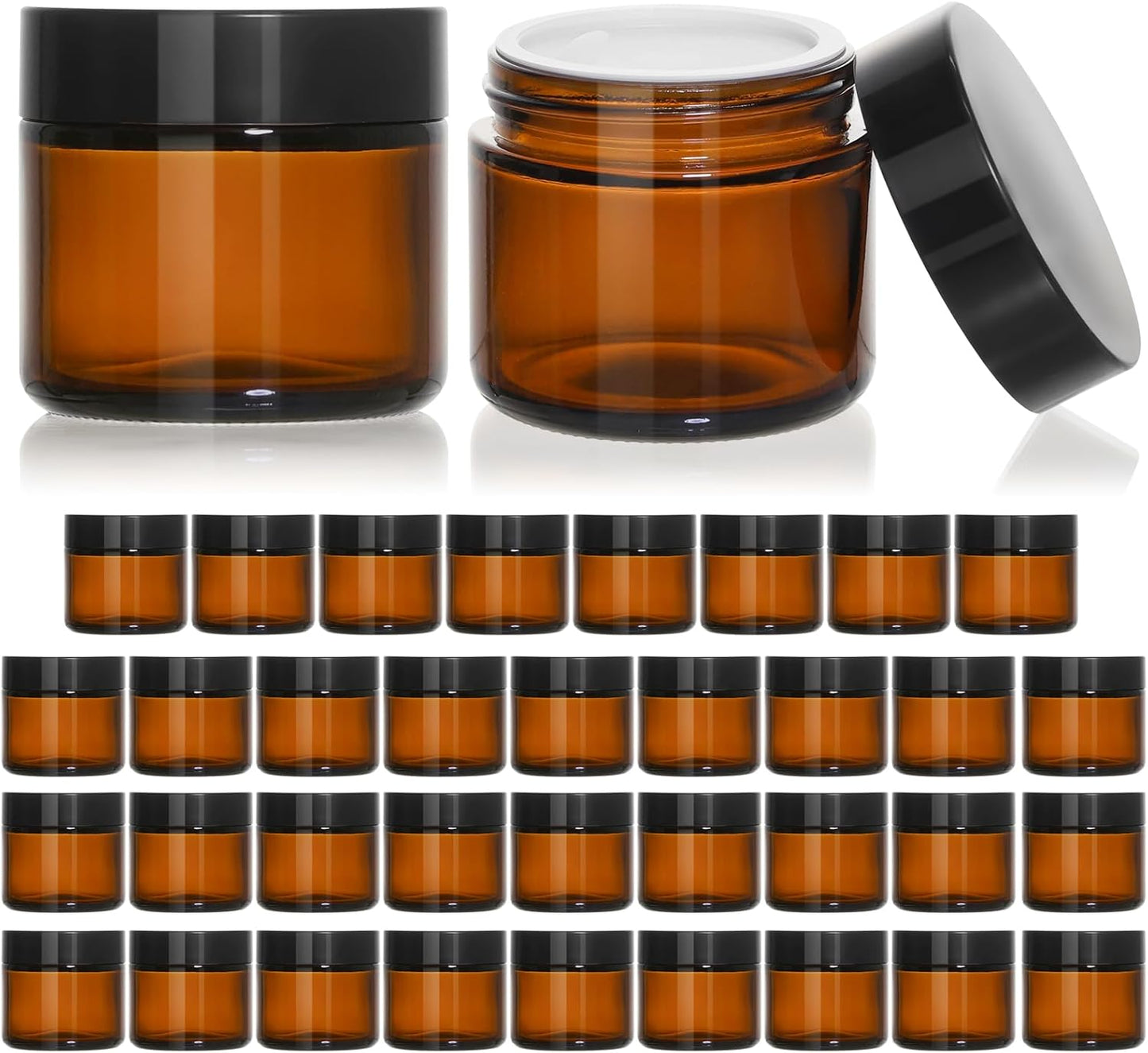 KEYWING 2oz Amber Glass Cosmetic Jars - 35 Pack Round Containers with Black Lids for Creams, Lotions, and Powders