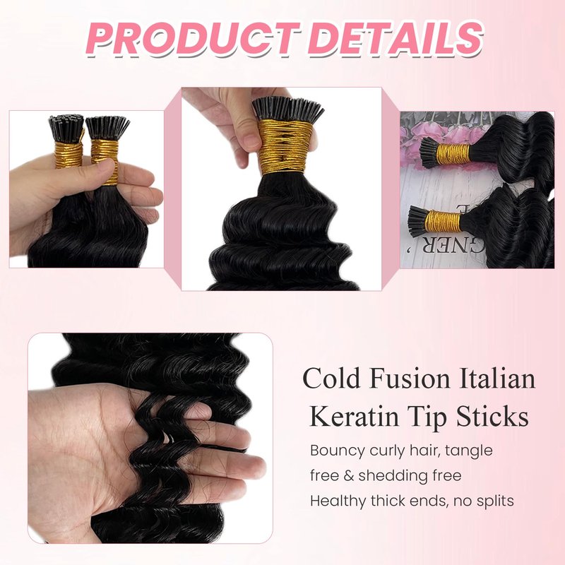 I Tip Hair Extensions Deep Wave Microlink Beads Itip Human Hair Extensions for Black Women 20 Inch Natural Color Curly Brazilian Real Remy Pre Bonded Keratin Stick Tipped Bundles 50g 100 Strands