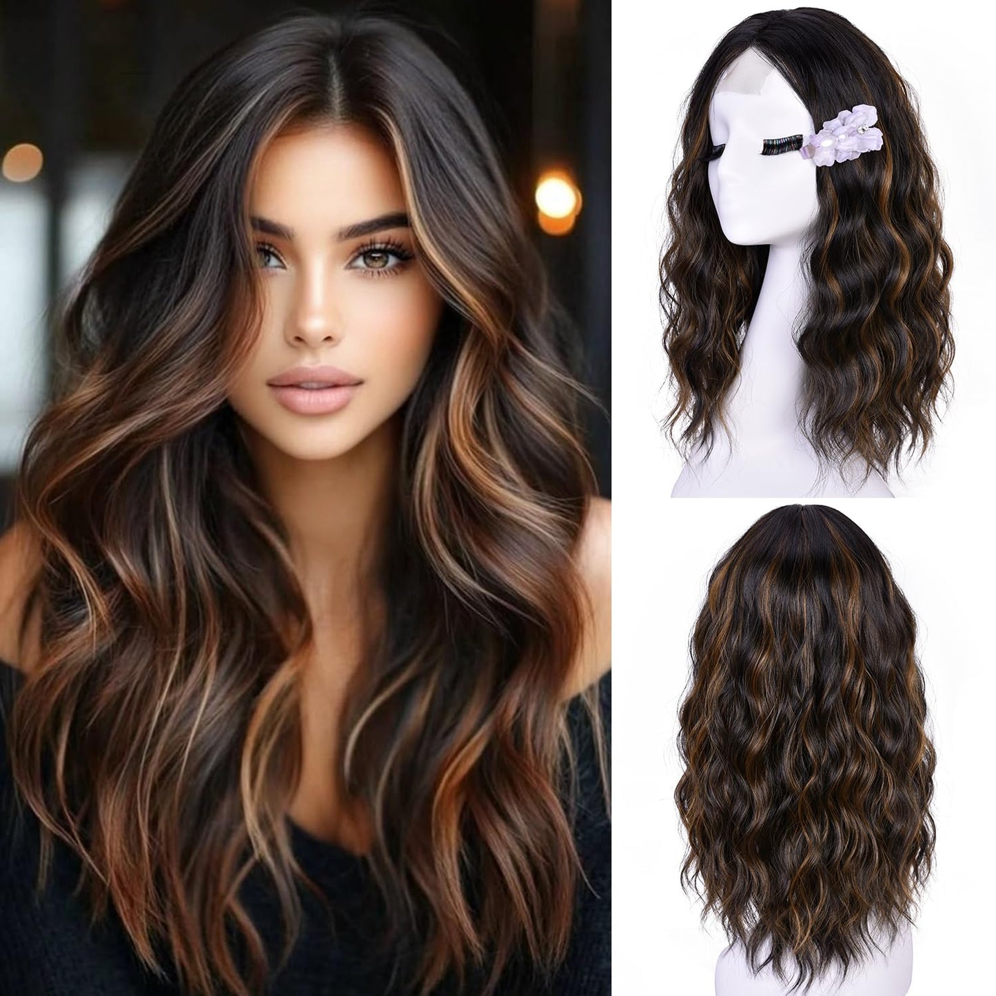 Brown Short Wavy Wigs for Women Middle Part Lace Natural Hairline Wig