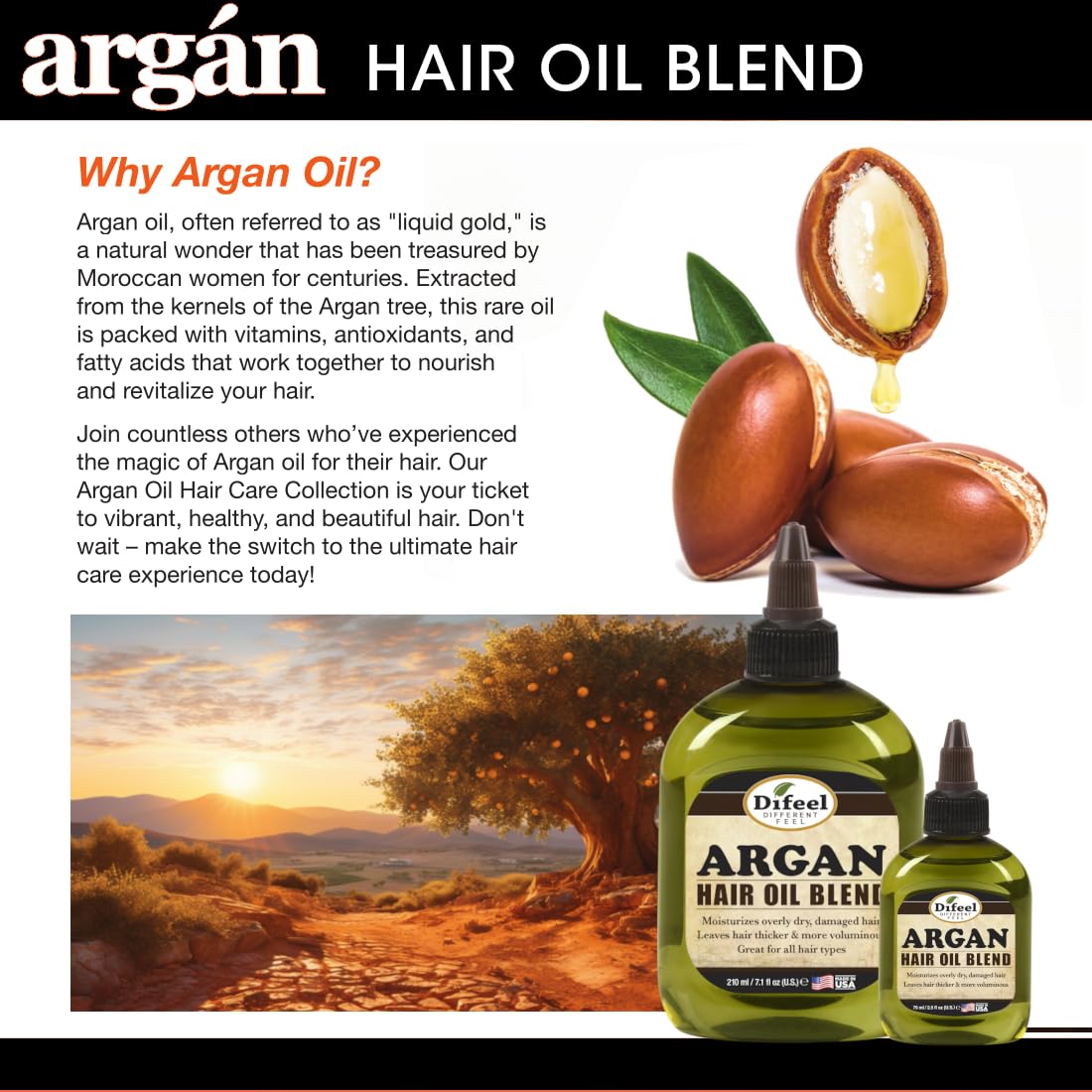 Difeel Argan Hair Oil Blend 7.1 Ounce - for Dry & Damaged Hair, Helps Improve Shine, Softness & Manageability, Lightweight Hair Treatment