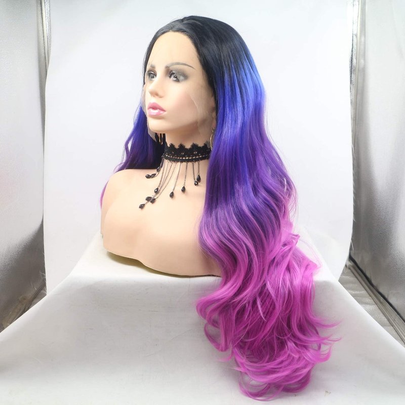 RainaHair Colour Blue Ombre Dark Purple Rose Red Synthetic Lace Front Wigs for Women 4 Tone Color Heat Resistant Party Cosplay Drag Queen Wigs (24 Inch, colour/lace front wig)