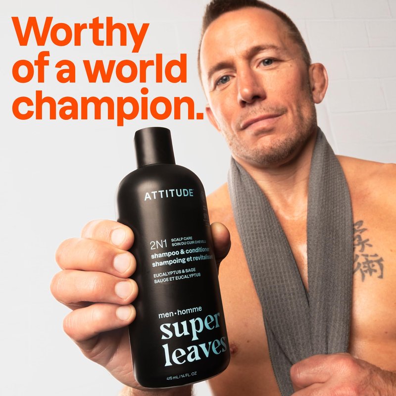 ATTITUDE Men's Shampoo and Conditioner 2-in-1, Scalp Care for Build Up & Oily Hair, Refresh With Peppermint & Willow Extract, 97% Natural Origin Ingredients, EWG Verified, Eucalyptus & Sage, 14 Fl Oz