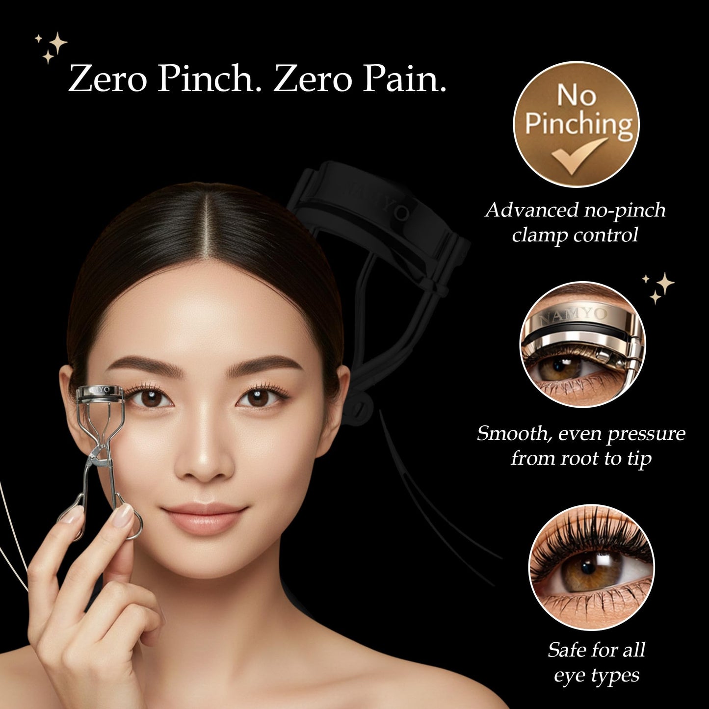 NAMYO Eyelash Curler – Precision Lash Curler for Almond, Hooded and Deep-Set Eyes with Ergonomic Handle and 10 Silicone Refill Pads – Compact Travel Size - Pearl Silver