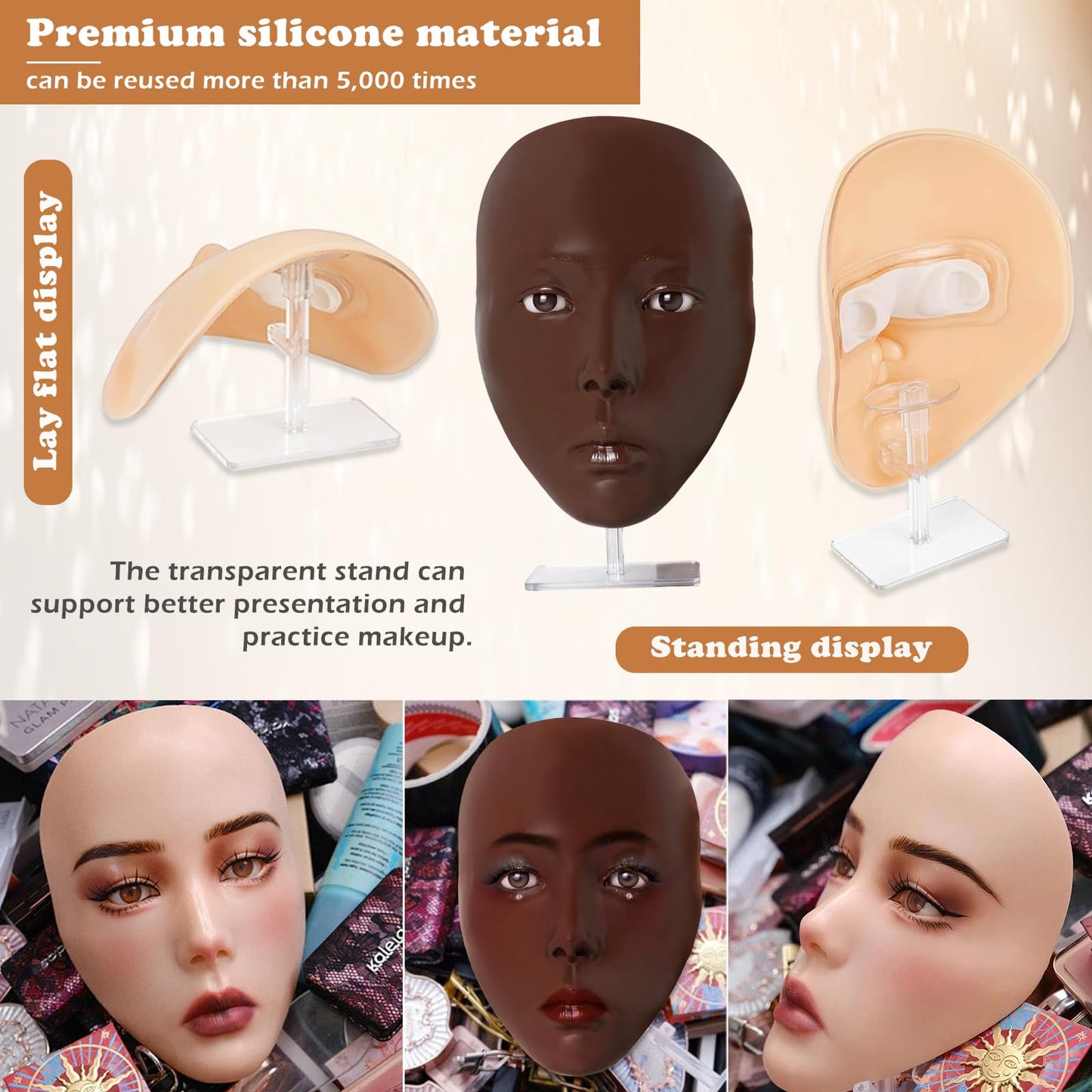 Penugo Makeup Practice Kit, Silicone Mannequin Face with Brushes, Shadows & Eyebrow Pencil - Bright
