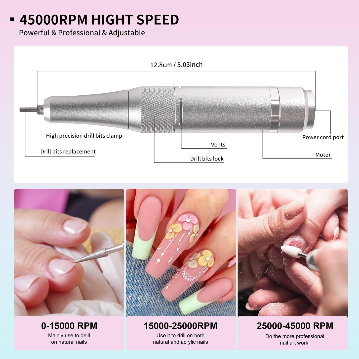 Electric Nail File for Acrylic Nail Kit 45000RPM Electric Pink Nail Drill Professional Manicure Pedicure Set with Nail Drill Kit Bits Efile Cordless for Manicure